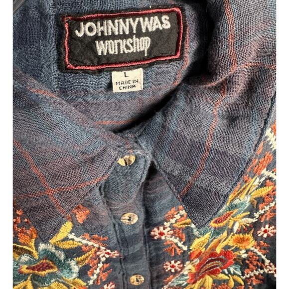 Johnny Was Workshop Navy Plaid Embroidered Floral Painter’s Smock Tunic Top Sz L - Picture 5 of 16